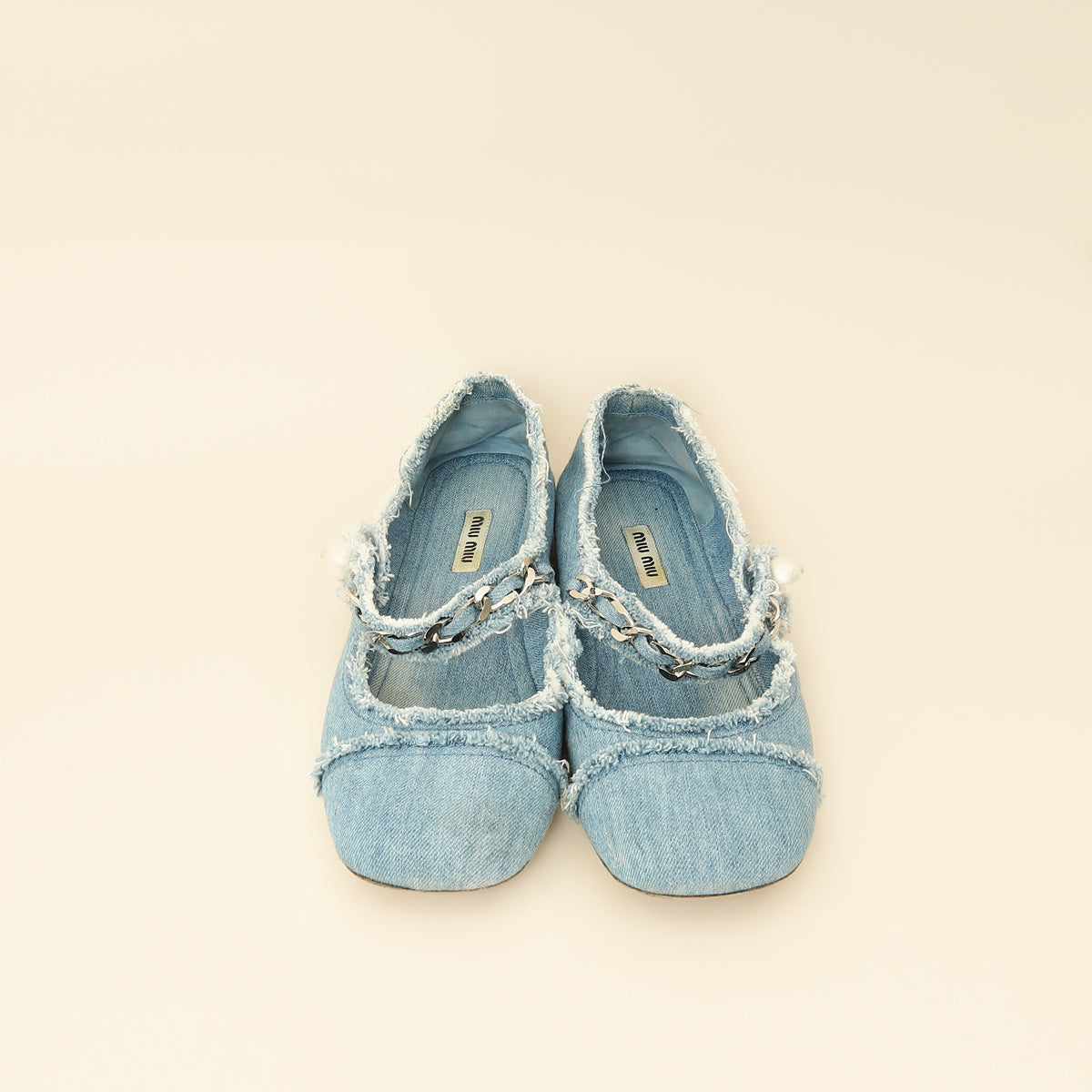 Miu Miu Blue Denim Chain Strap Mary Jane Ballerina 38.5-MIU MIU-THE CLOSET