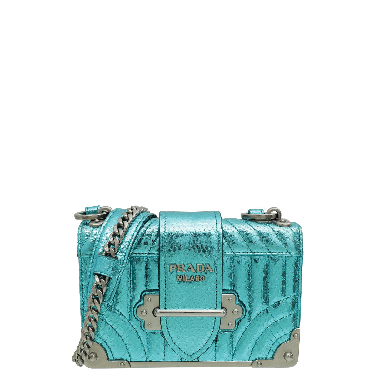 Prada Aqua Blue Metallic Snakeskin Cahier Shoulder Bag-Prada-THE CLOSET