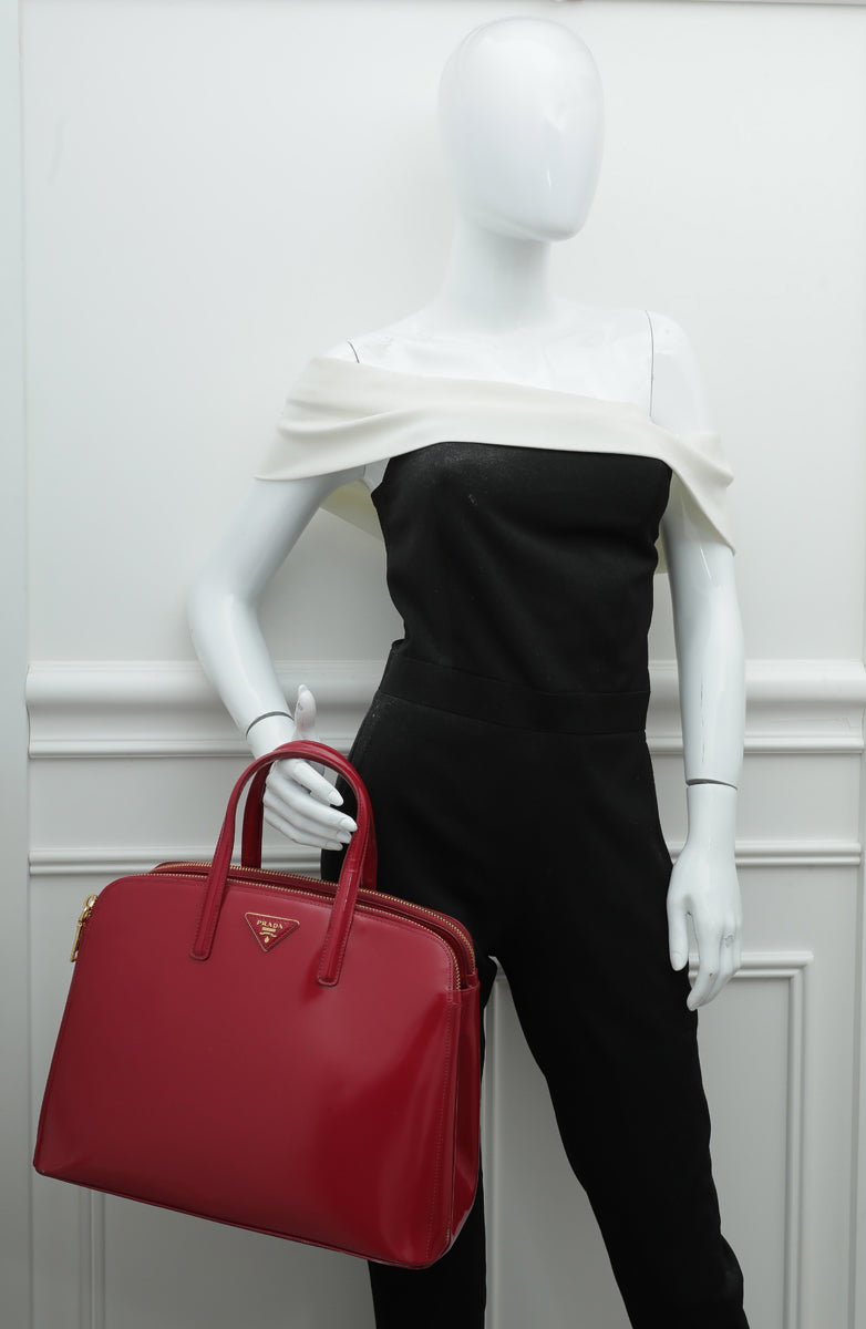 Prada Scarlet Red Spazzolato Double Zip Top Handle Bag