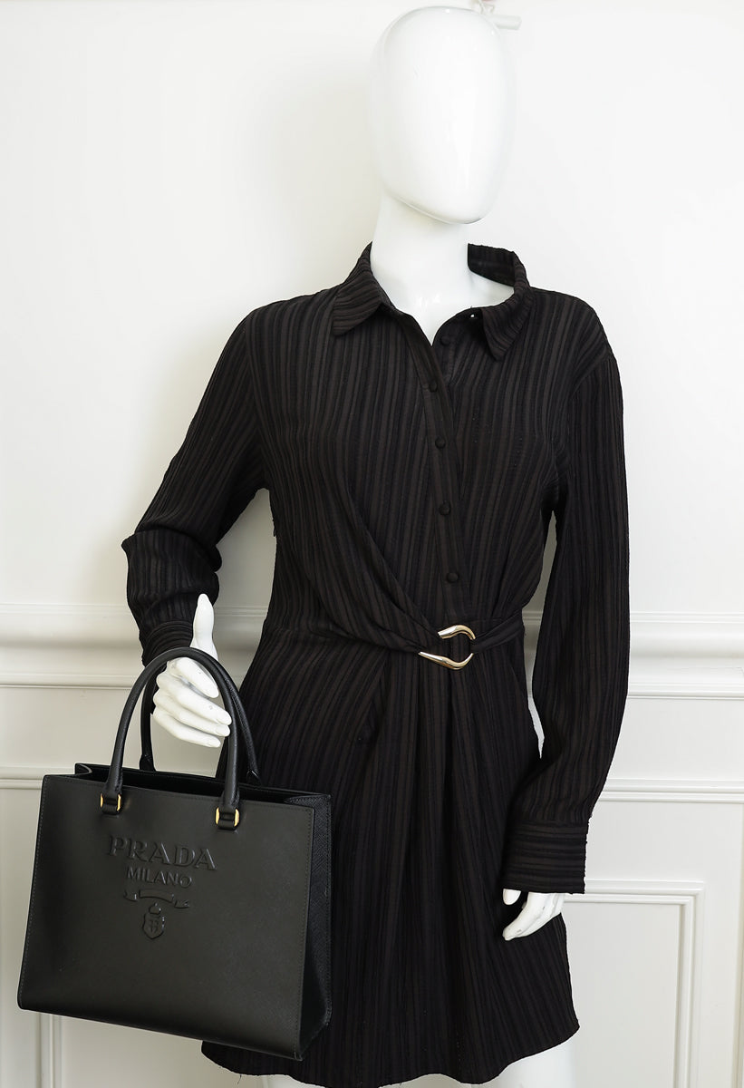 Prada Black Lux Logo Embossed Medium Shoulder Tote Handbag