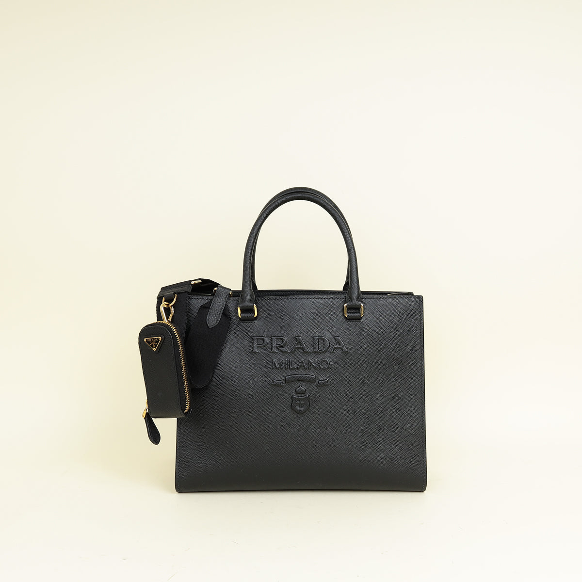 Prada Black Lux Logo Embossed Medium Shoulder Tote Handbag