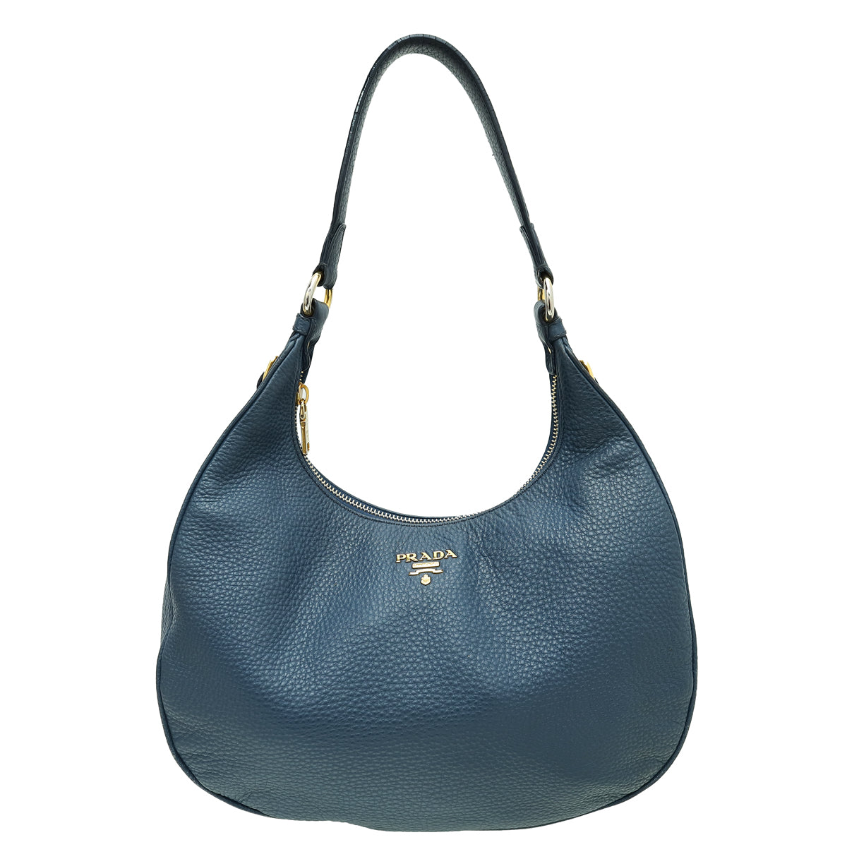 Prada Navy Blue Vitello Daino Zip Top Hobo Bag-Prada-THE CLOSET