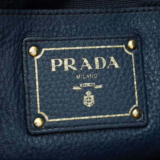 Prada Navy Blue Vitello Daino Zip Top Hobo Bag