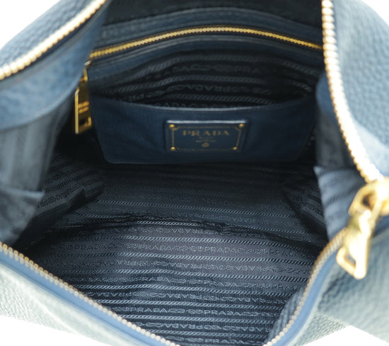 Prada Navy Blue Vitello Daino Zip Top Hobo Bag