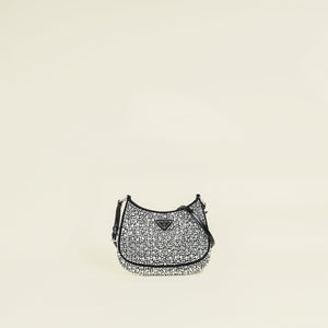Prada Black Metal Crystal-Embellished Satin Cleo Bag