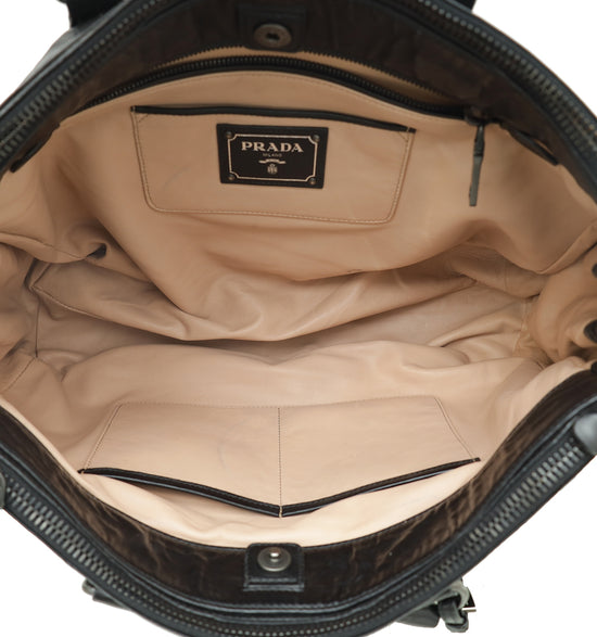Prada Black Distressed Soft Double Zipped Tote Bag