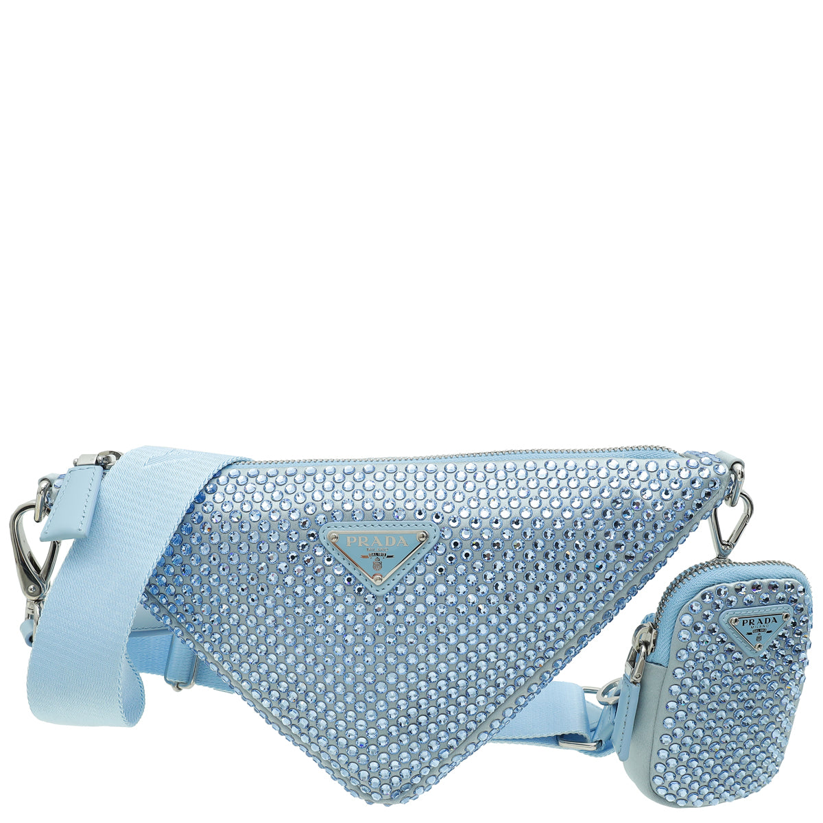 Prada Celeste Blue Triangle Studded Embellished Satin Crossbody Bag-Prada-THE CLOSET