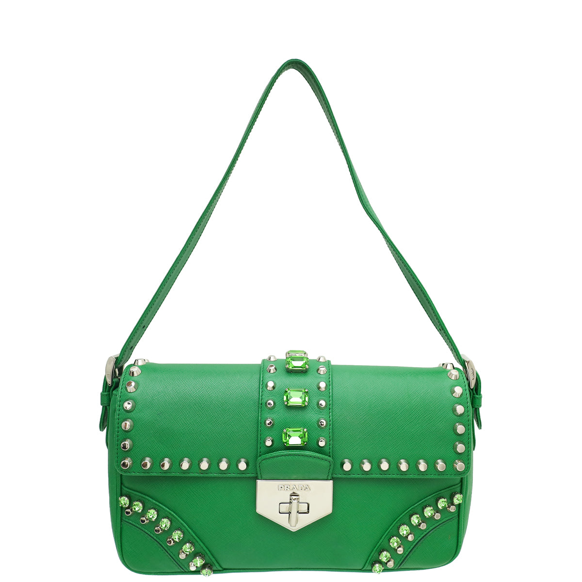 Prada Green Turn Lock Studded Embellished Flap Bag-Prada-THE CLOSET