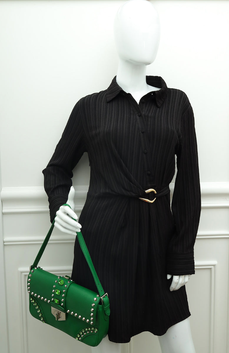 Prada Green Turn Lock Studded Embellished Flap Bag