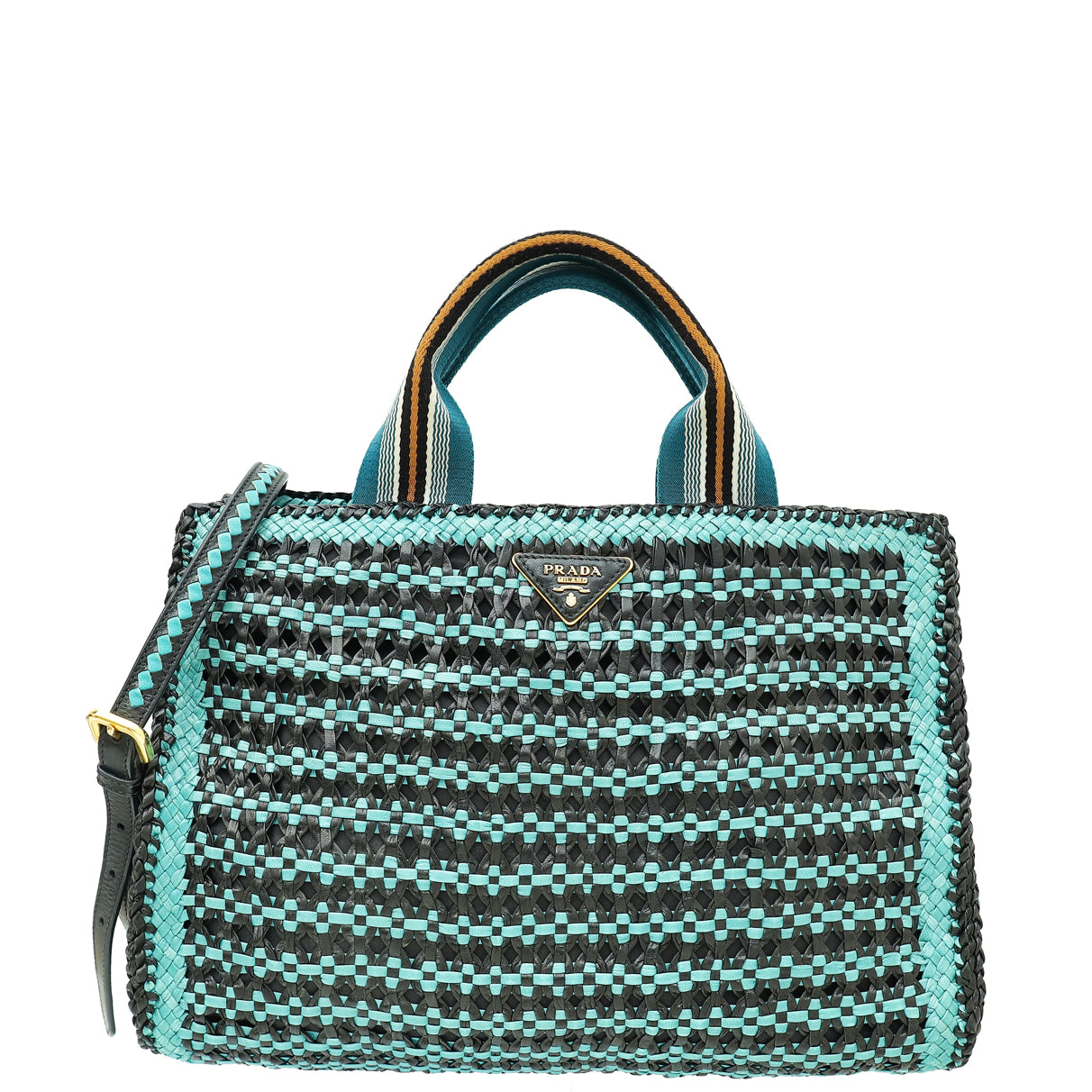 Prada Bicolor Woven Madras Top Handle Tote Bag