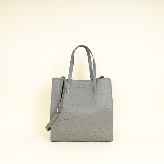 Prada Gray Ostrich Vertical Tote Bag