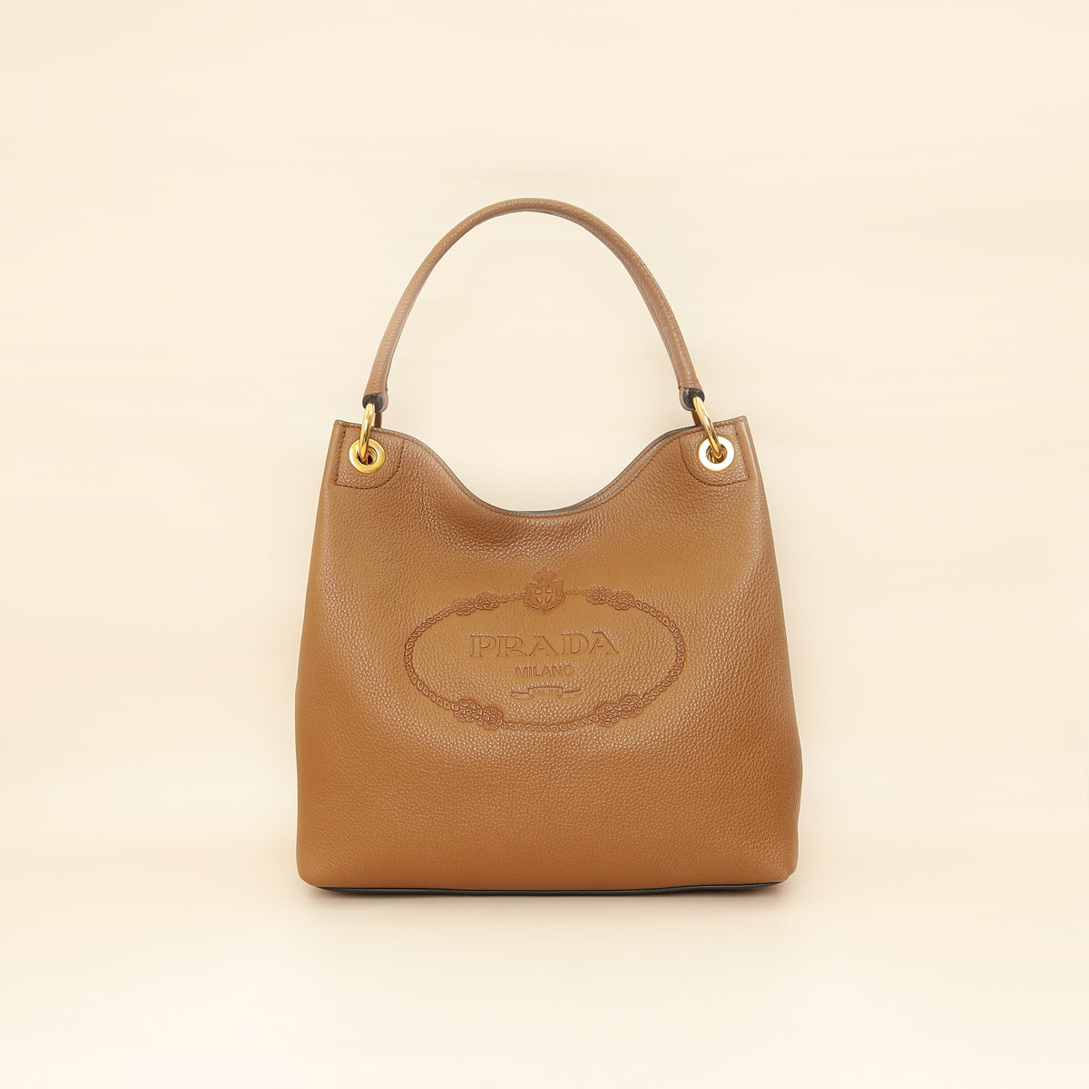 Prada Brown Logo Embossed Vitello Hobo Bag-Prada-THE CLOSET