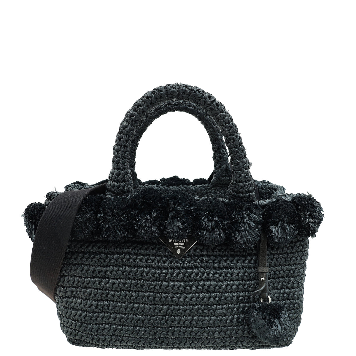 Prada Black Raffia Pom Pom Tote Bag-Prada-THE CLOSET