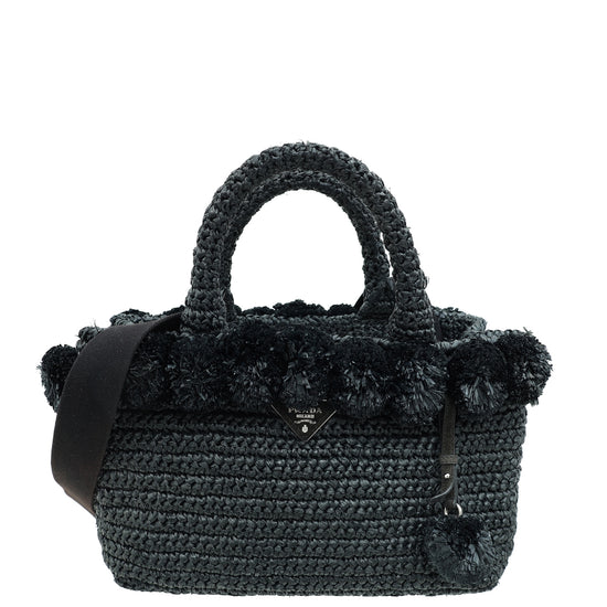 Prada Black Raffia Pom Pom Tote Bag