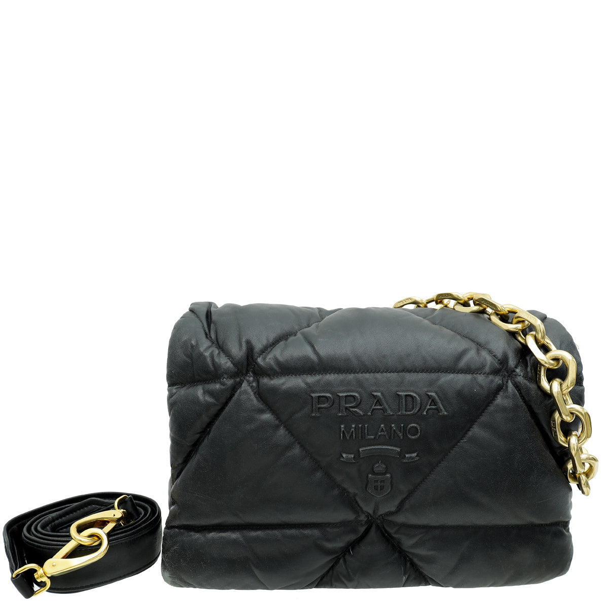 Prada Black Soft Padded Logo Embossed Triangle Quilted Shoulder Bag-Prada-THE CLOSET