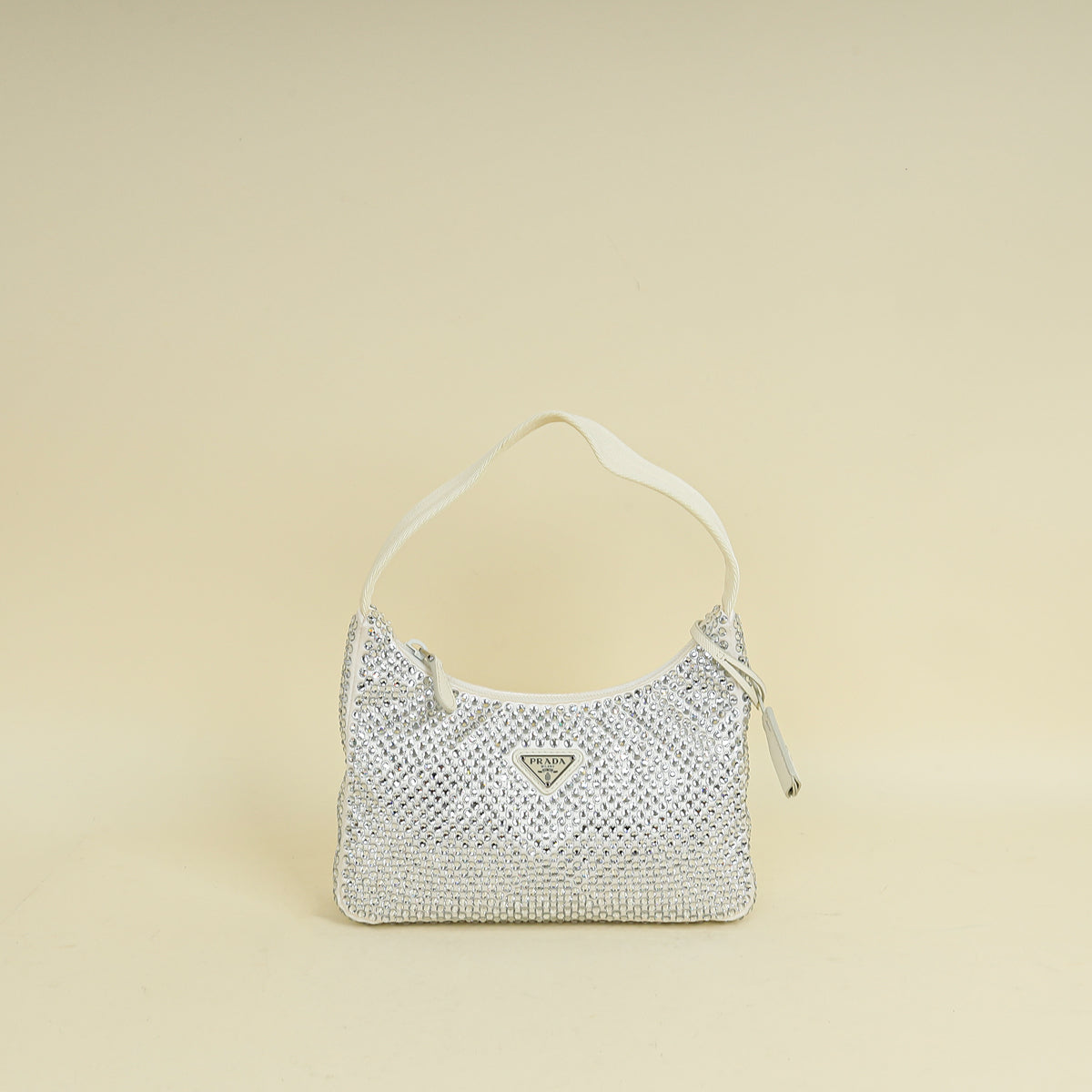 Prada White Satin Re-Edition 2000 Mini Bag w/ Artificial Crystal