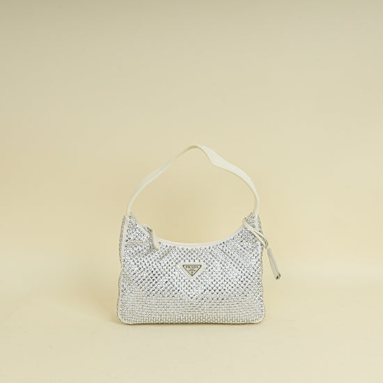 Prada White Satin Re-Edition 2000 Mini Bag w/ Artificial Crystal