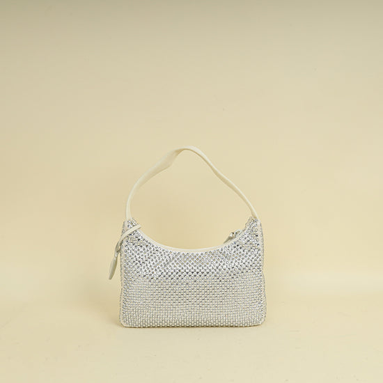 Prada White Satin Re-Edition 2000 Mini Bag w/ Artificial Crystal