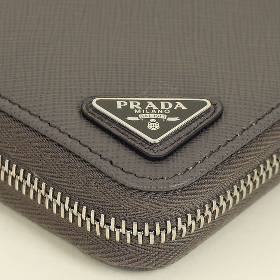 Prada Dark Gray Triangle Logo Large Zip Around Wallet (For Men)