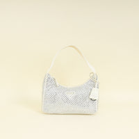 Prada White Satin Re-Edition 2000 Mini Bag w/Artificial Crystal