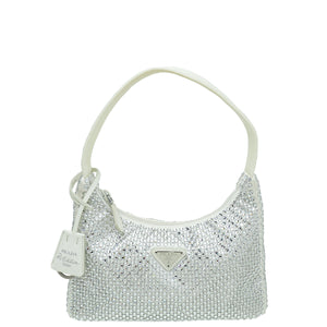 Prada White Satin Rebit 2000 Mini Bag W/ Crystal Bag Clastal