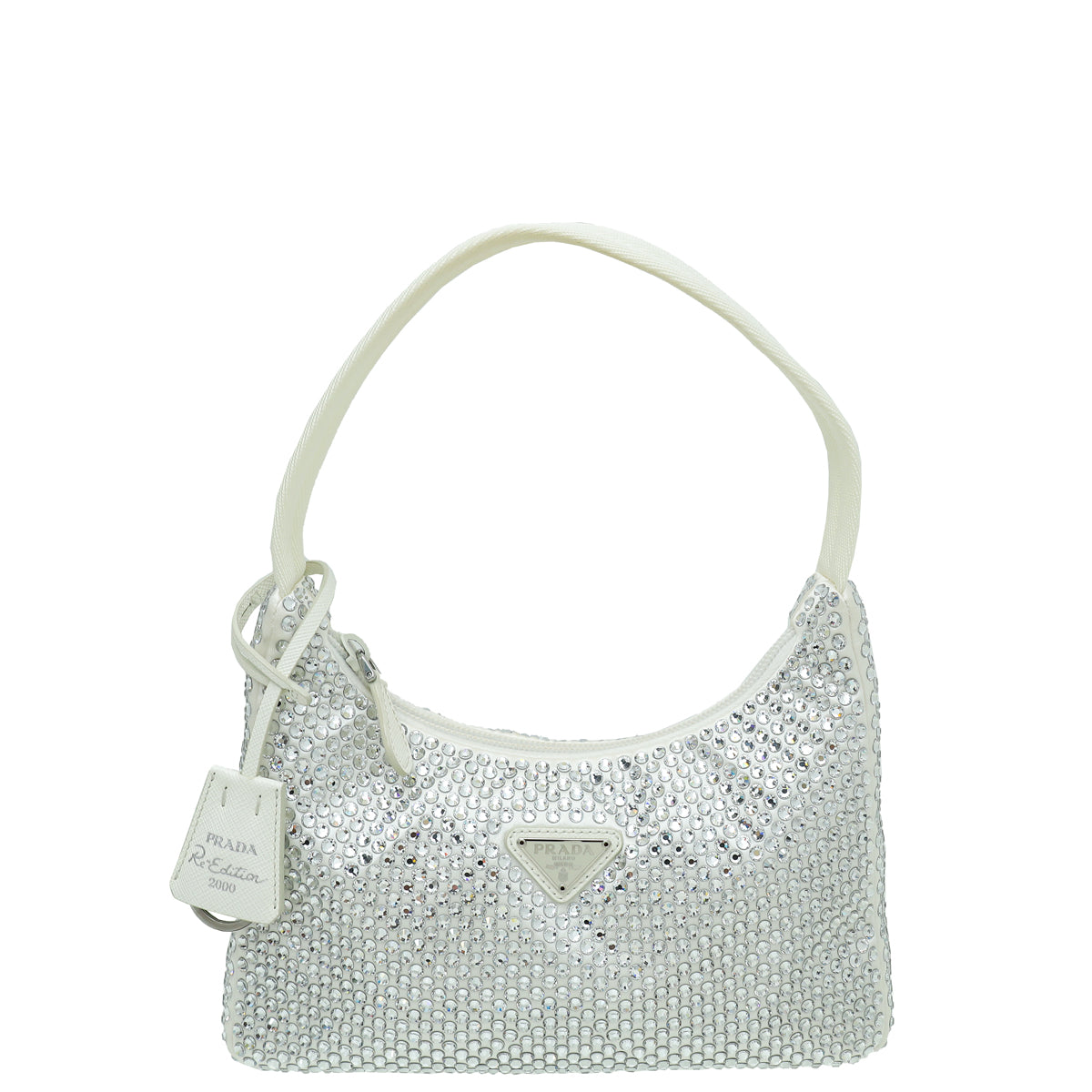 Prada White Satin Re-Edition 2000 Mini Bag w/ Artificial Crystal Bag