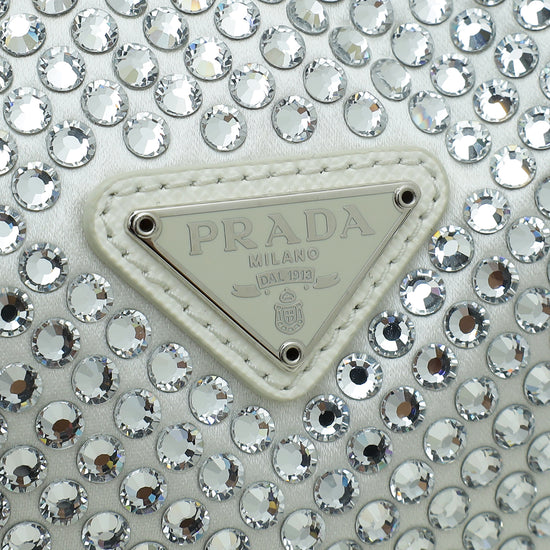 Prada Re-Edition 2000 Hobo Crystal Embellished Satin Mini White 2213361