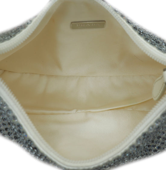 Prada White Satin Re-Edition 2000 Mini Bag w/ Artificial Crystal Bag