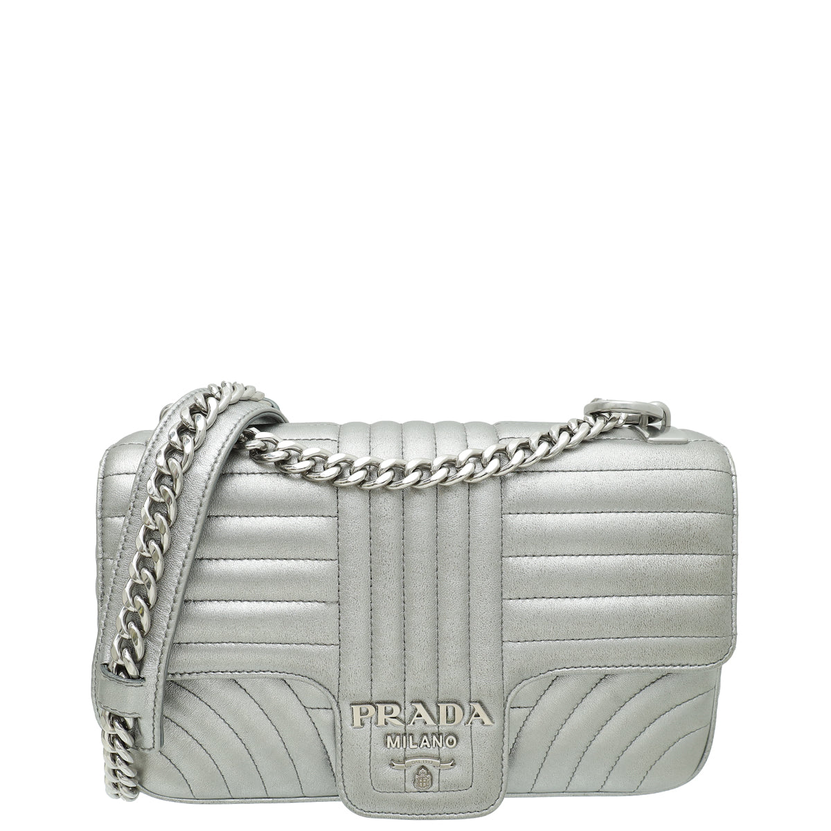 Prada Metallic Silver Cromo Nappa Impunture Diagramme Flap Medium Bag-Prada-THE CLOSET