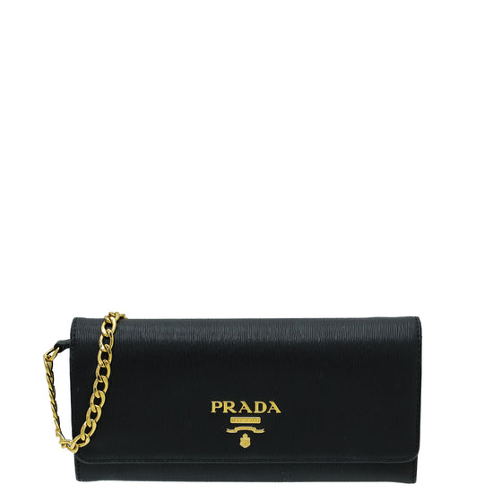 Prada Black Vitello Move Leather Wallet on Chain