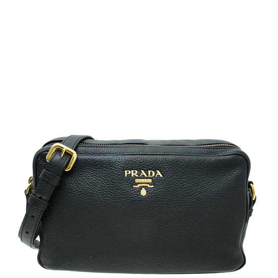 Prada Black Vitello Daino Double Zip Camera Bag