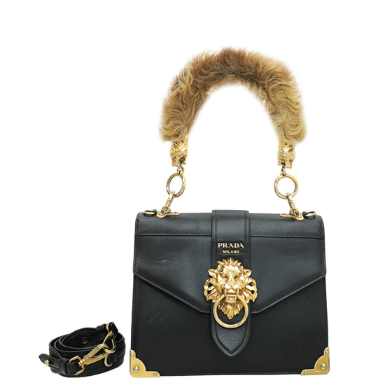 PRADA Antic Soft Saffiano Lions Head Cahier Shoulder Bag Black 940253