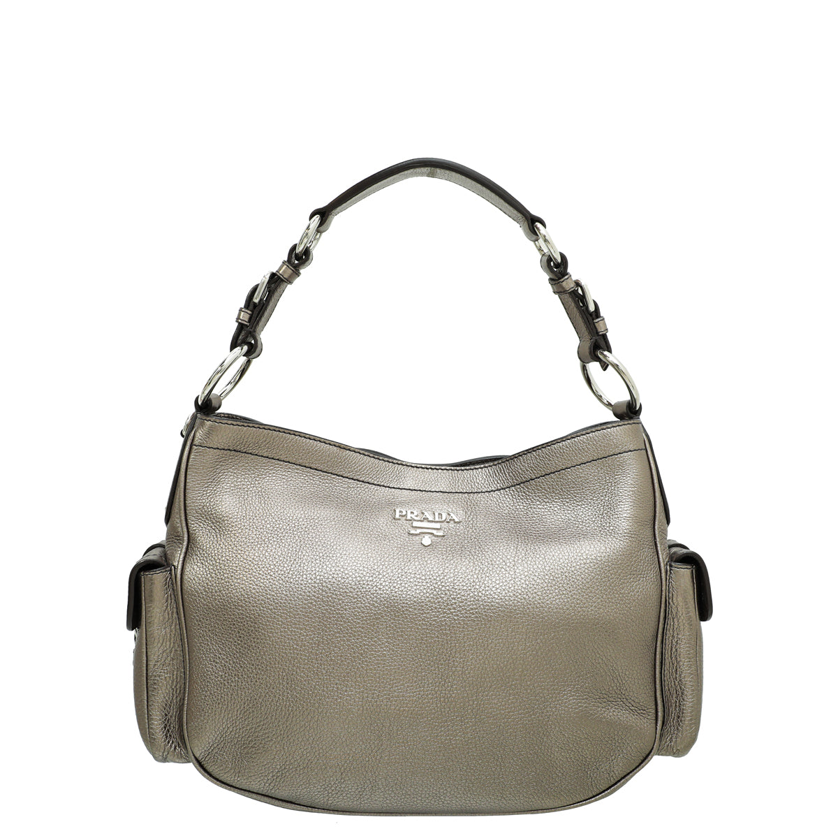 Prada Metallic Light Olive Side Pocket Vitello Daino Hobo Bag-Prada-THE CLOSET