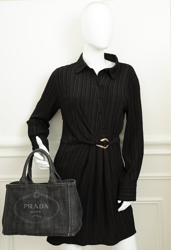 Prada Black Denim Logo-Print Small Tote Bag-Prada-THE CLOSET