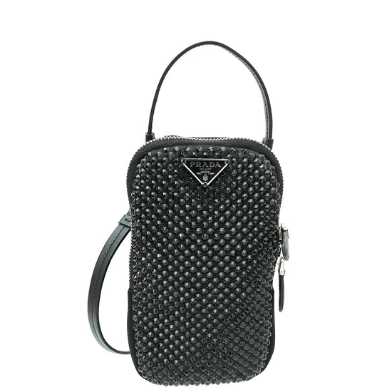 Prada Black Satin Crystal Zip Phone Case Crossbody Bag