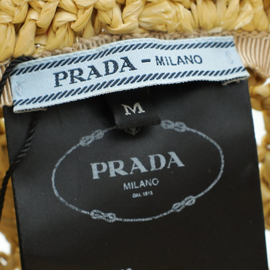 Prada Natural Beige Logo Viscose Raffia Bucket Medium Hat