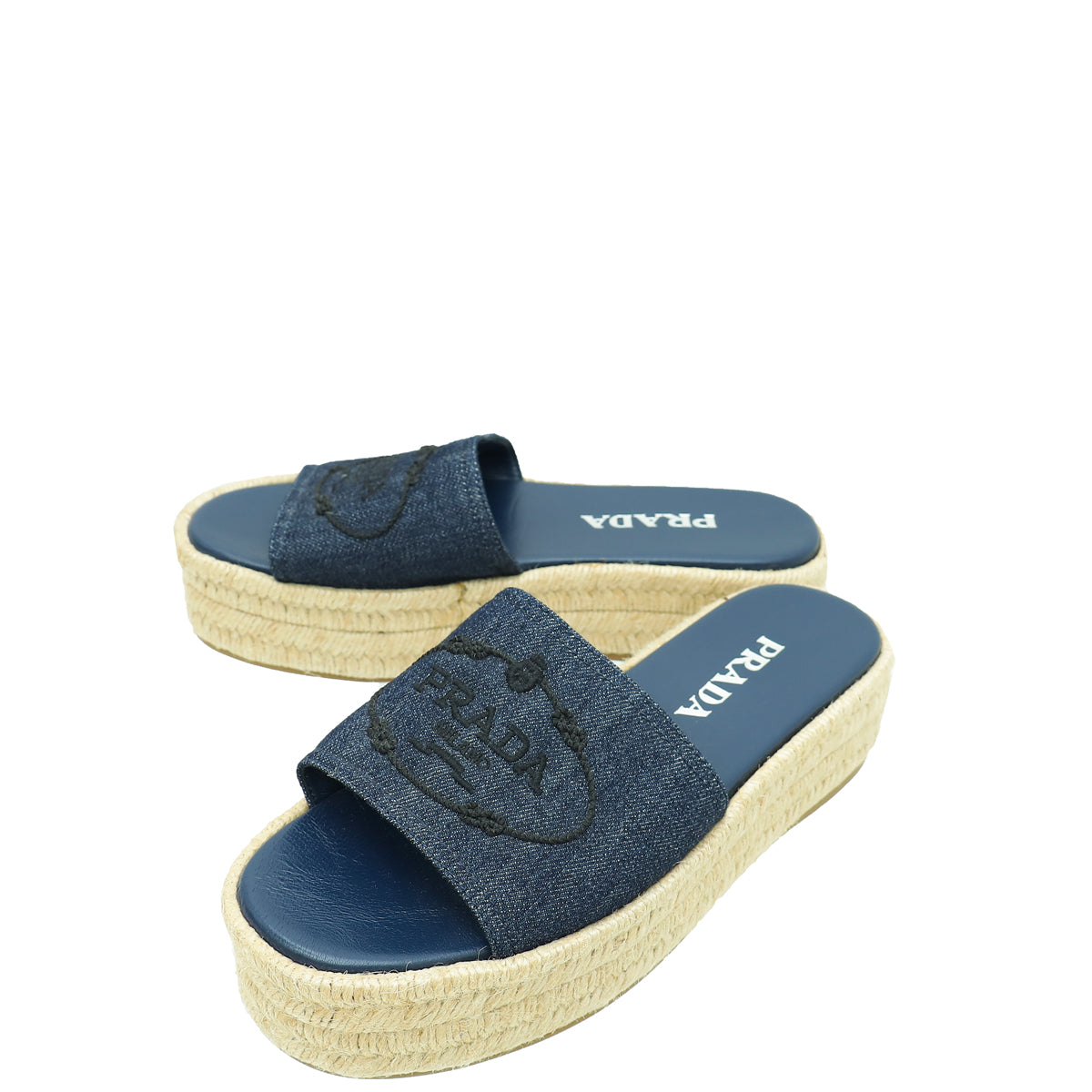 Prada Navy Blue Logo Denim Slide Espadrille Sandal 37-Prada-THE CLOSET