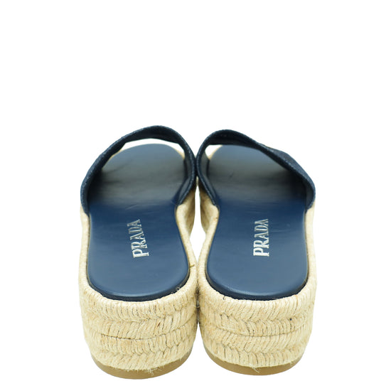 Prada Navy Blue Logo Denim Slide Espadrille Sandal 37