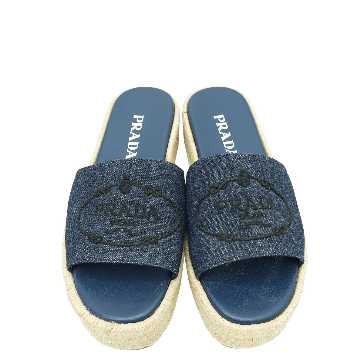 Prada Navy Blue Logo Denim Slide Espadrille Sandal 37