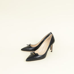 Prada Black Logo Pointed Toe Croco Embossed Bow Pump 39