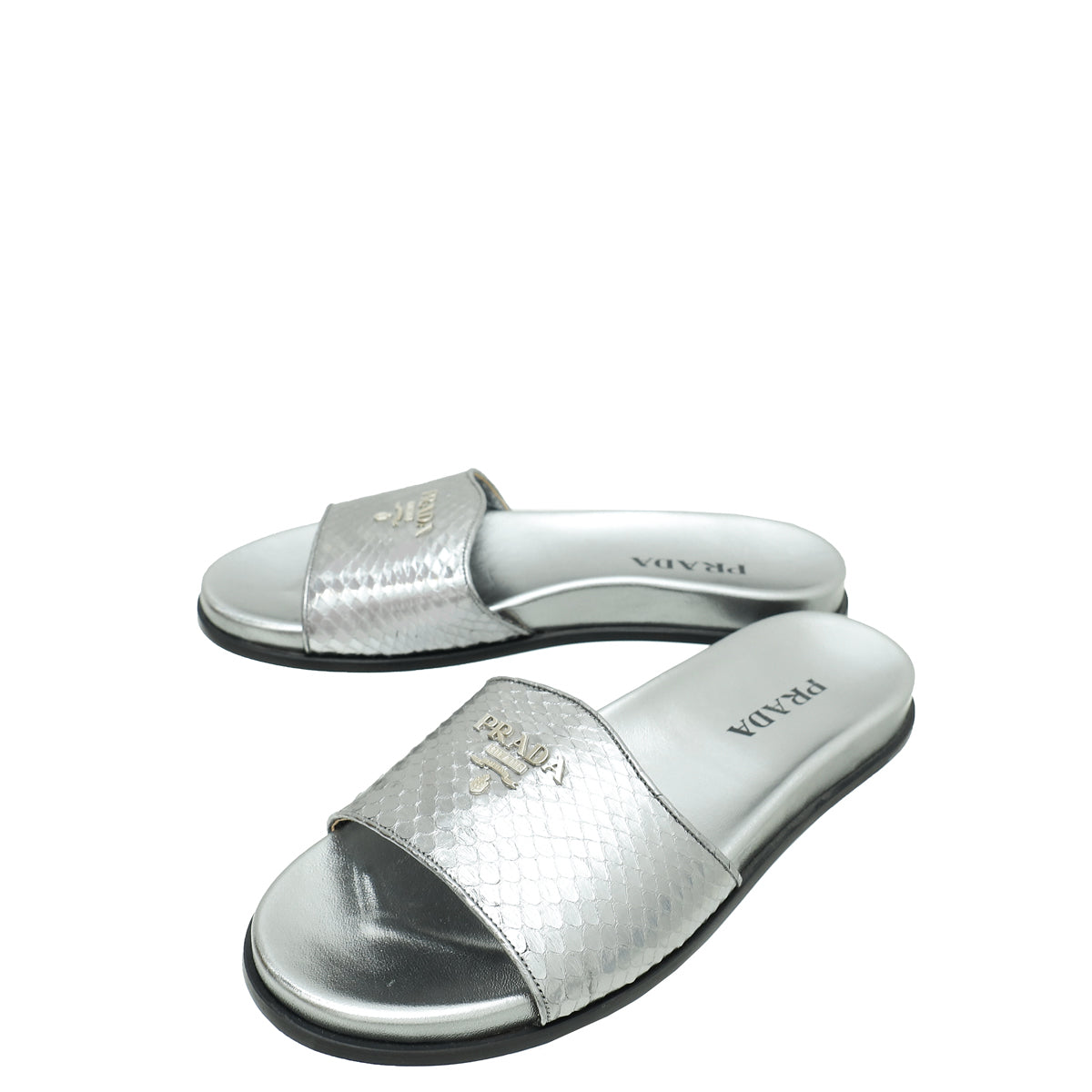 Prada Metallic Grey Logo Python Embossed Slide Sandal 36.5-Prada-THE CLOSET