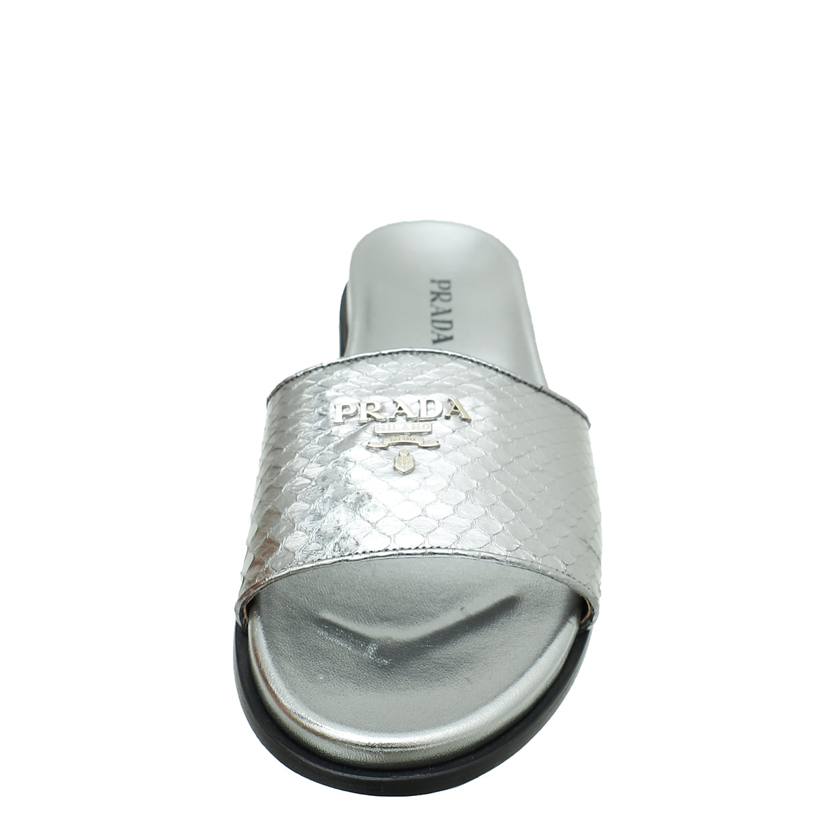 Prada Metallic Grey Logo Python Embossed Slide Sandal 36.5