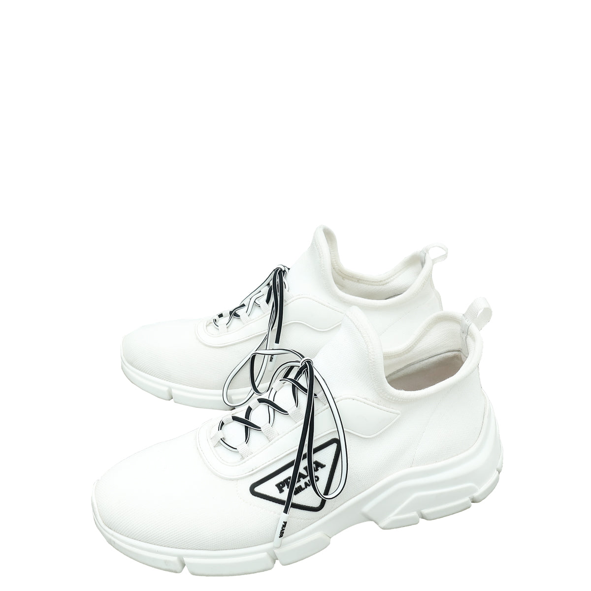 Prada White Triangle Logo Knit Fabric Sneakers1