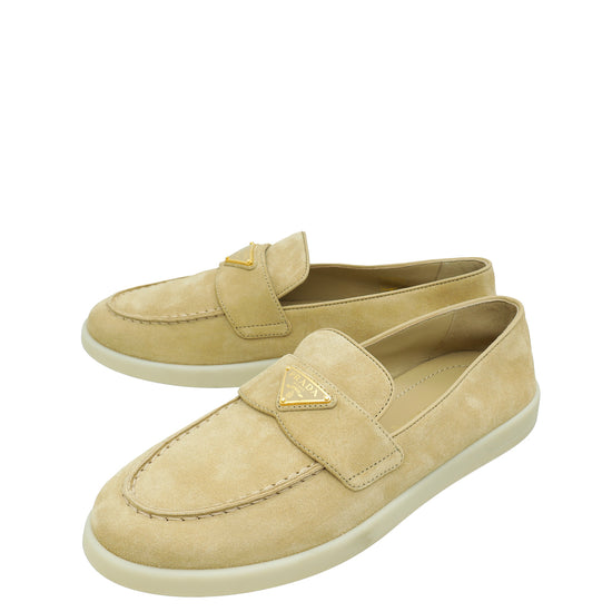 Prada Ecru Logo Suede Loafer 36