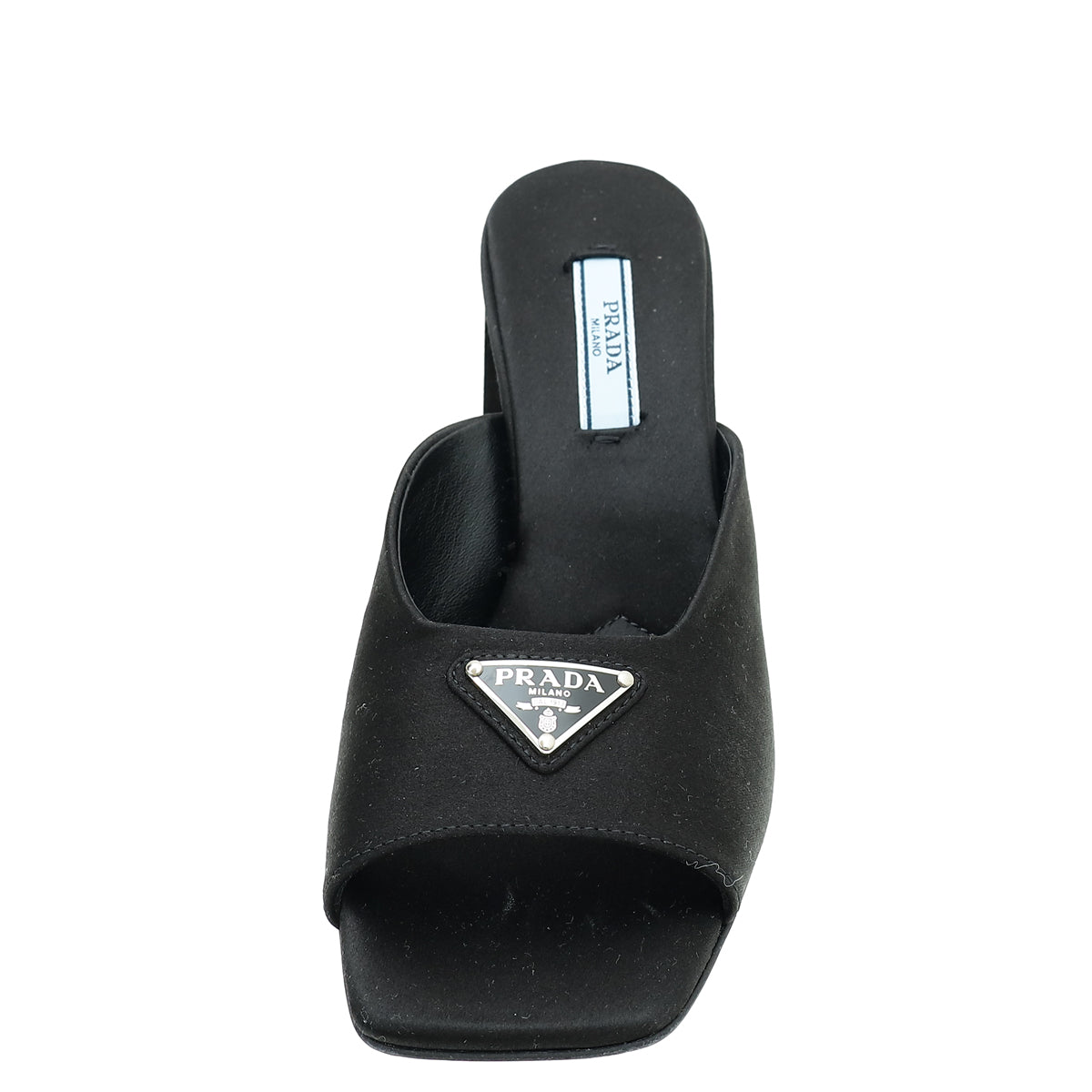 Prada Black Satin Triangle Logo Mules 36-Prada-THE CLOSET