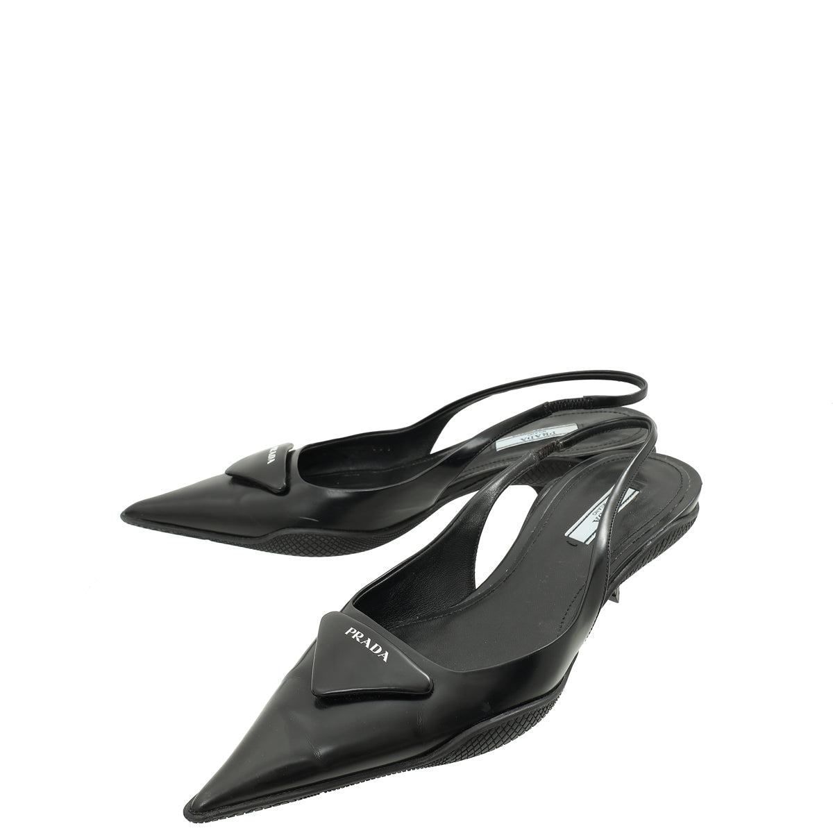 Prada Black Brushed Logo Slingback Pumps 38.5-Prada-THE CLOSET