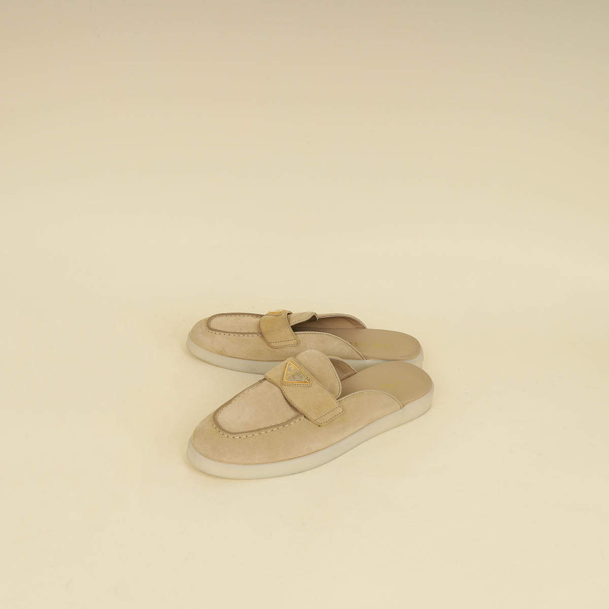 Prada Ecru Logo Suede Loafers 38-Prada-THE CLOSET