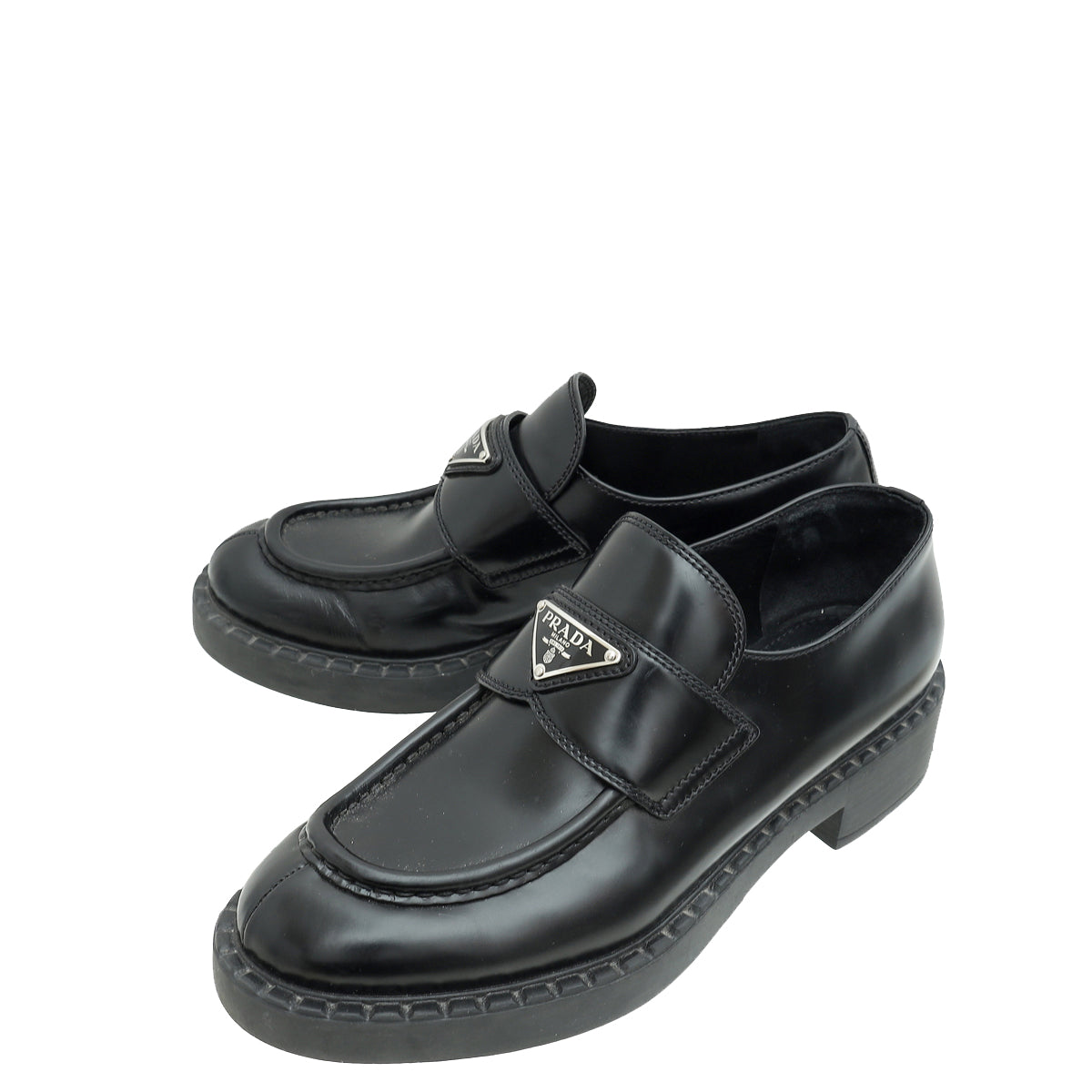 Prada Black Brushed Triangle Logo Loafers 38