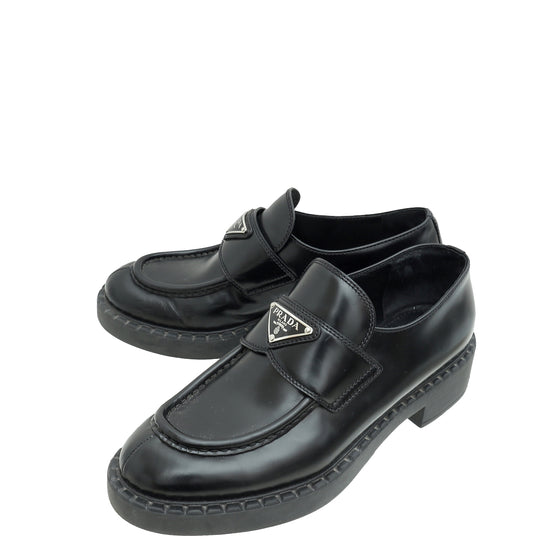 Prada Black Brushed Triangle Logo Loafers 38