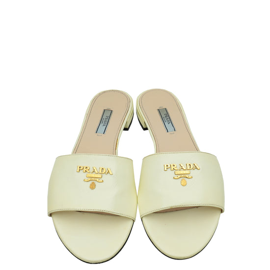 Prada Vernice Off White Logo Slide Sandals 39